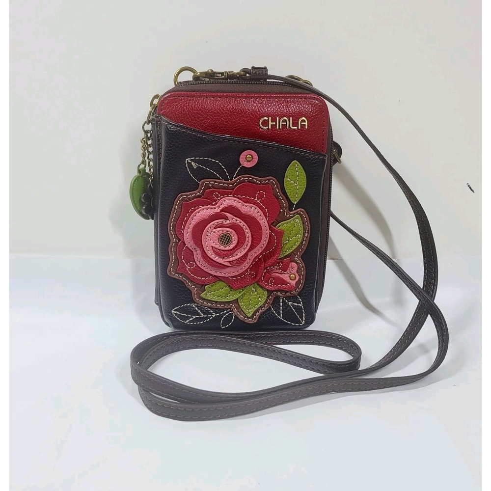 Chala Red Rose Wallet Crossbody Bag Organizer Zip Around Multi Pockets